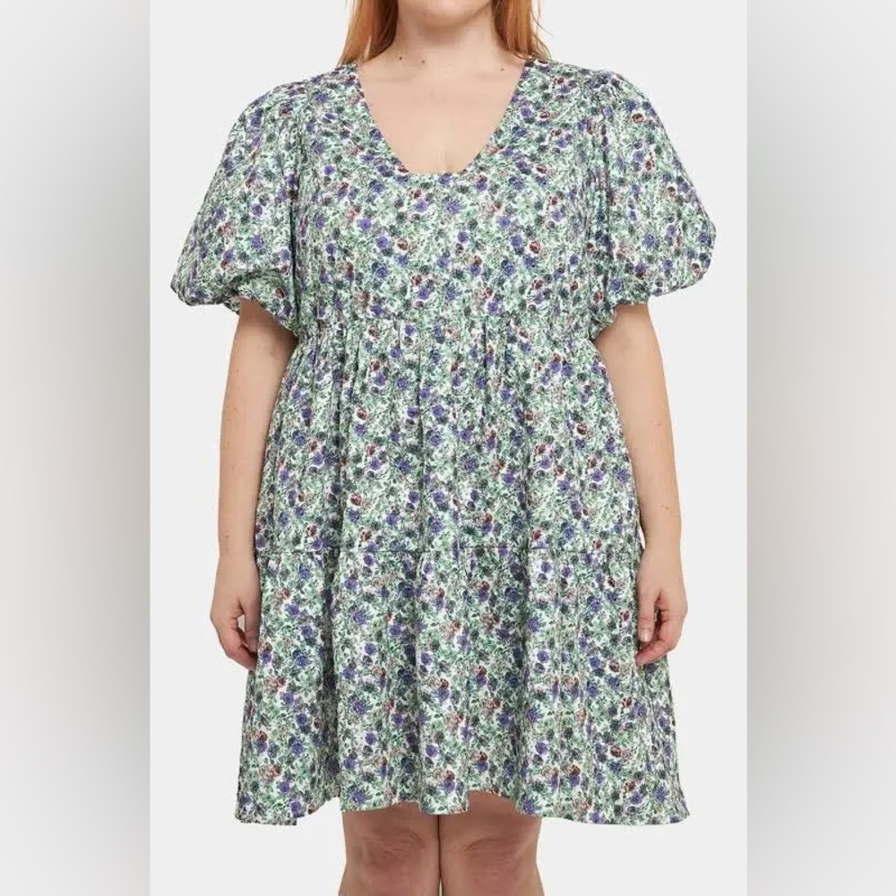 English Factory Floral Puff Sleeve Jacquard High-Low Dress - Picture 2 of 9